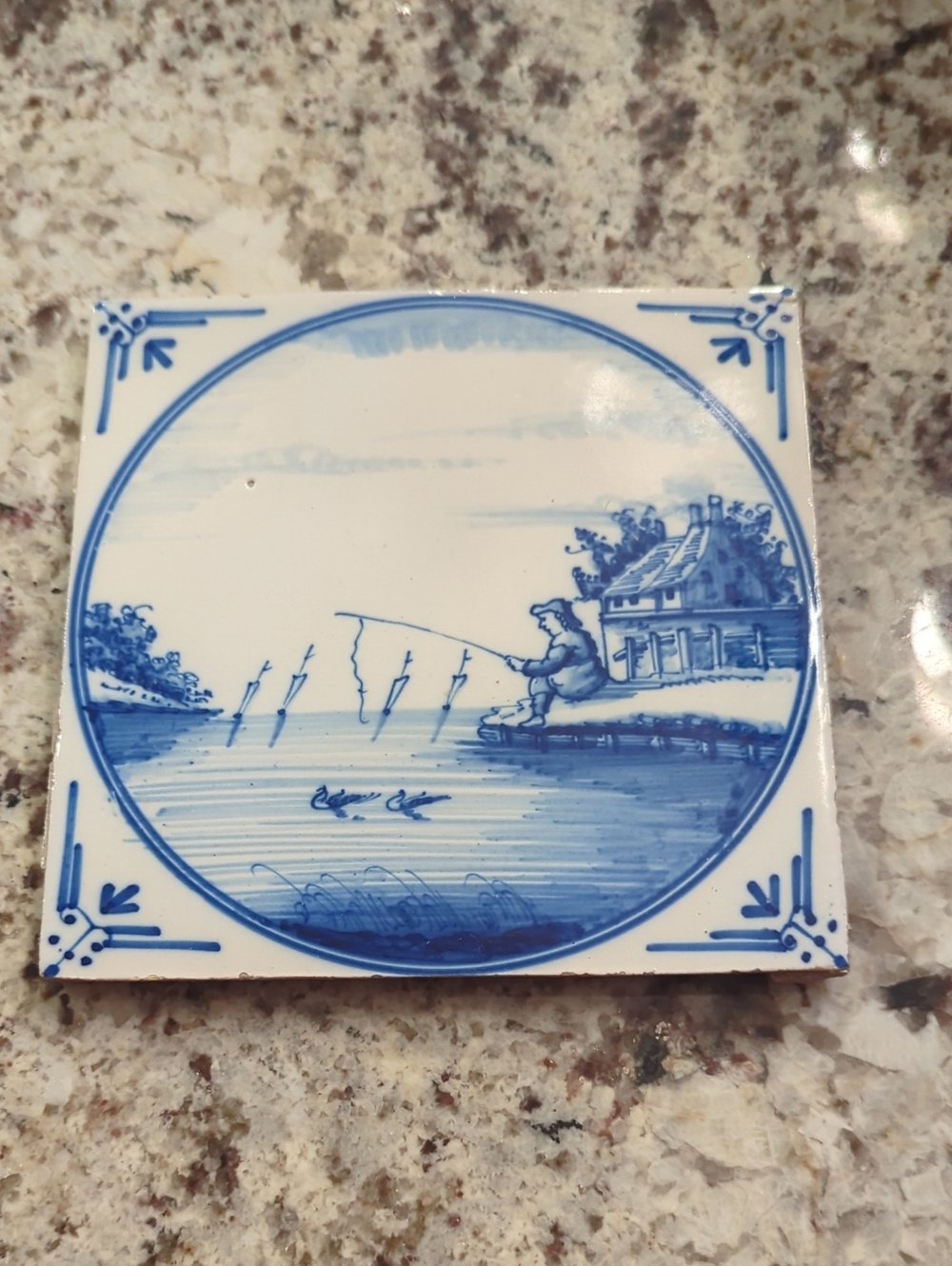 Vintage blue and White  Ceramic Tile - Fisherman Scene